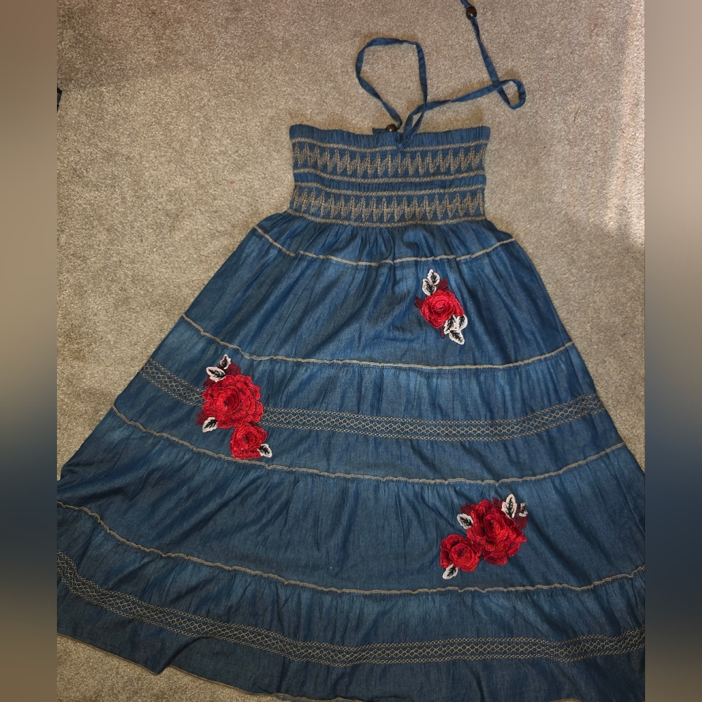 Anthropologie Lapis Embroidered Denim Skirt with Red Floral Accents Size M - Picture 3 of 9